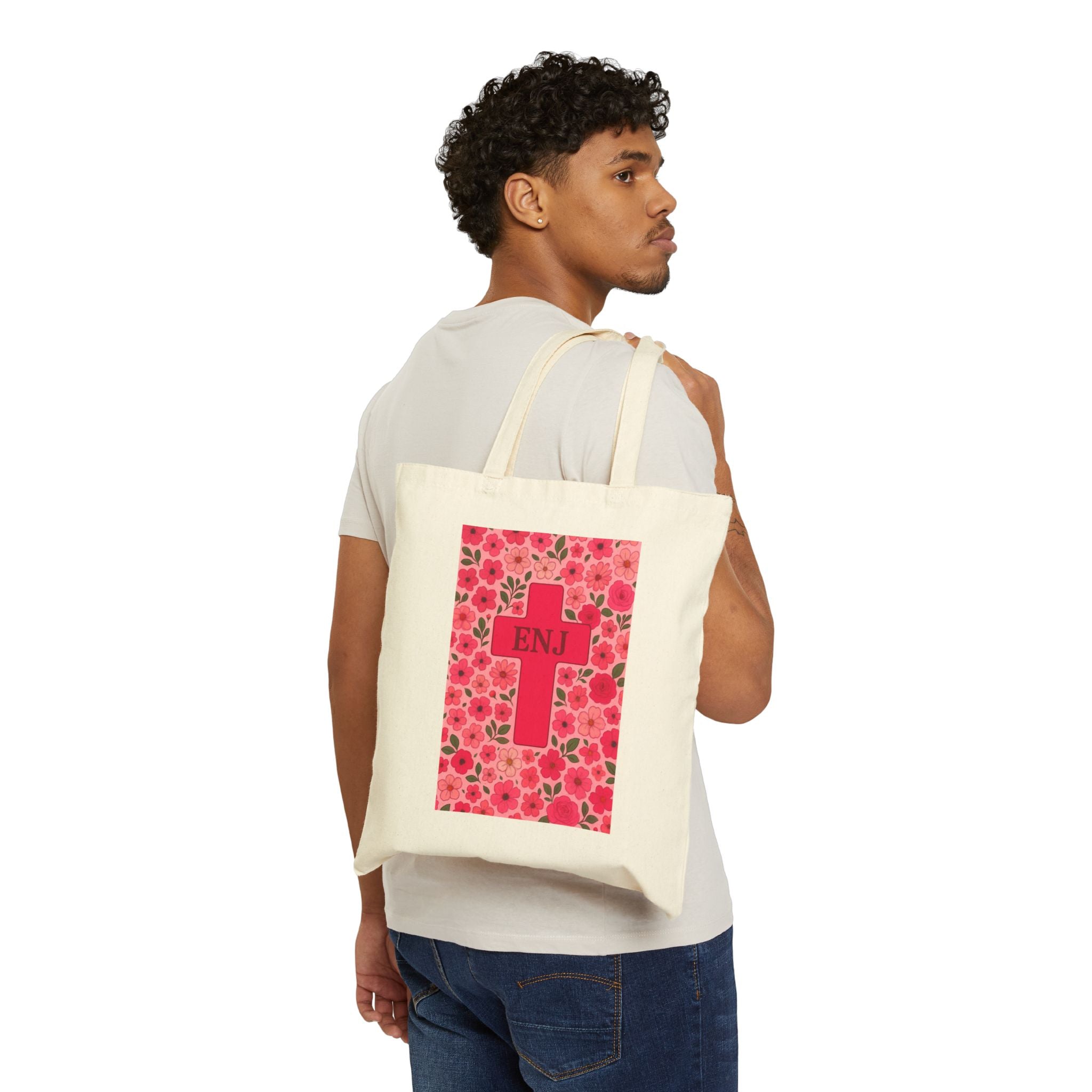 Floral Cross Tote Bag | Enj Canvas Bag for Shopping, Beach, Gifts, Easter, Church Activities, Eco-Friendly