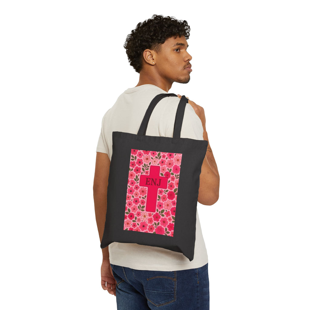 Floral Cross Tote Bag | Enj Canvas Bag for Shopping, Beach, Gifts, Easter, Church Activities, Eco-Friendly