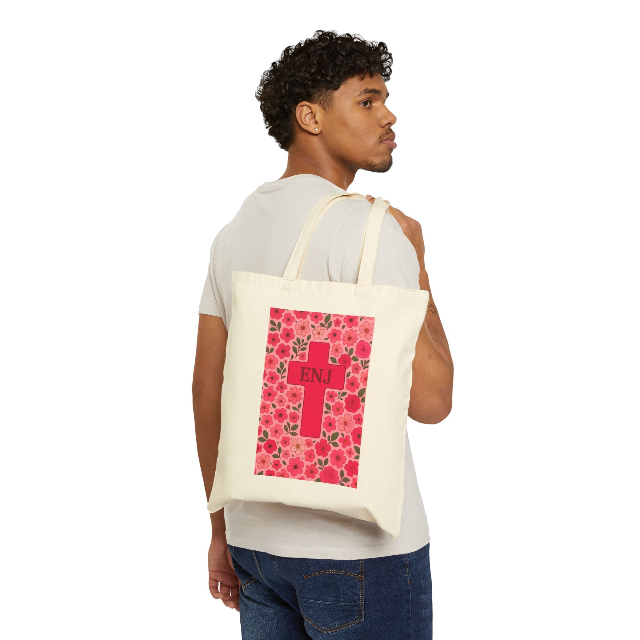 Floral Cross Tote Bag | Enj Canvas Bag for Shopping, Beach, Gifts, Easter, Church Activities, Eco-Friendly